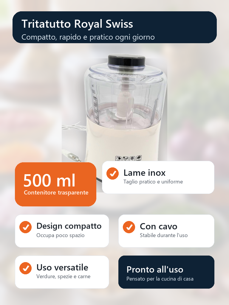 Royal Swiss tritatutto 500 ml lame inox design compatto con cavo