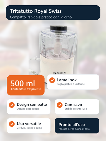 Royal Swiss tritatutto 500 ml lame inox design compatto con cavo