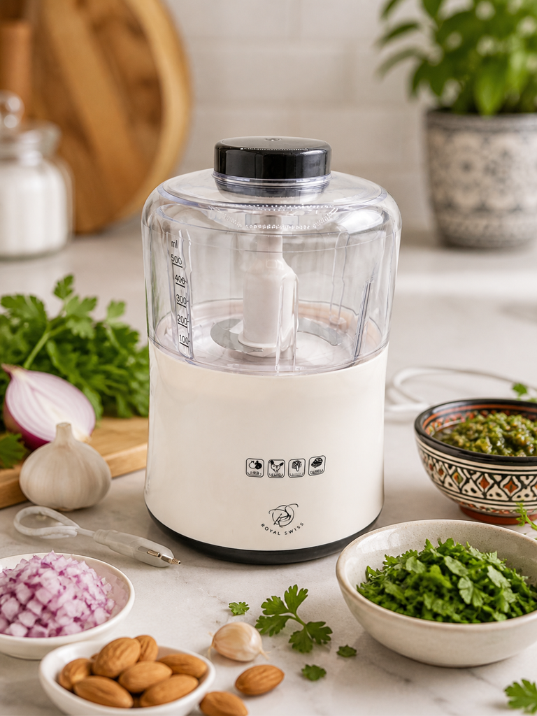 Royal Swiss tritatutto elettrico in cucina premium con ingredienti freschi