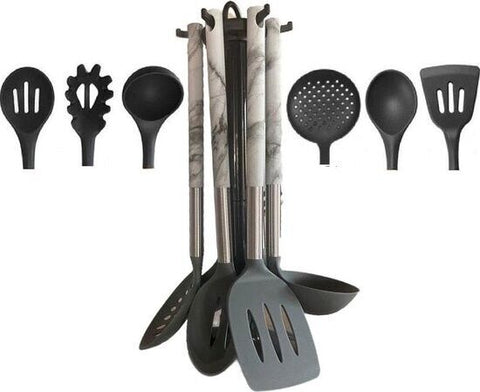 Ensemble d'ustensiles de cuisine 6 pièces en silicone avec poignée et support en marbre