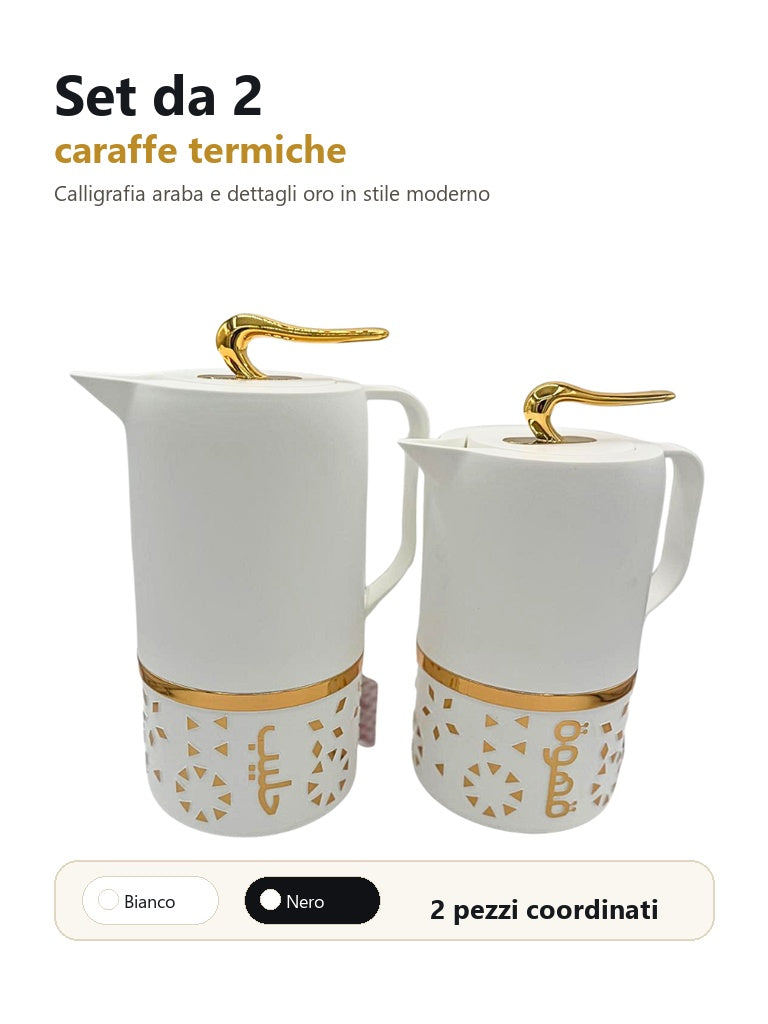 Set da 2 caraffe termiche bianche con calligrafia araba e dettagli oro