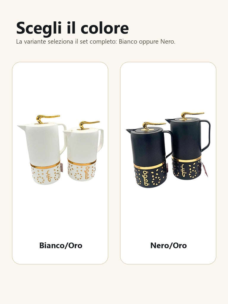 Varianti bianco oro e nero oro del set di caraffe termiche