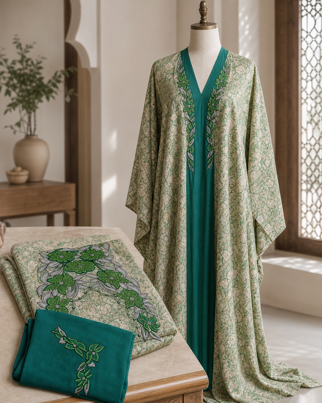 Set Tessuto Makhawir Dubai Verde Smeraldo con Ricamo - esempio di utilizzo in sartoria