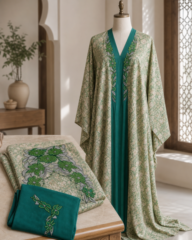Set Tessuto Makhawir Dubai Verde Smeraldo con Ricamo - esempio di utilizzo in sartoria