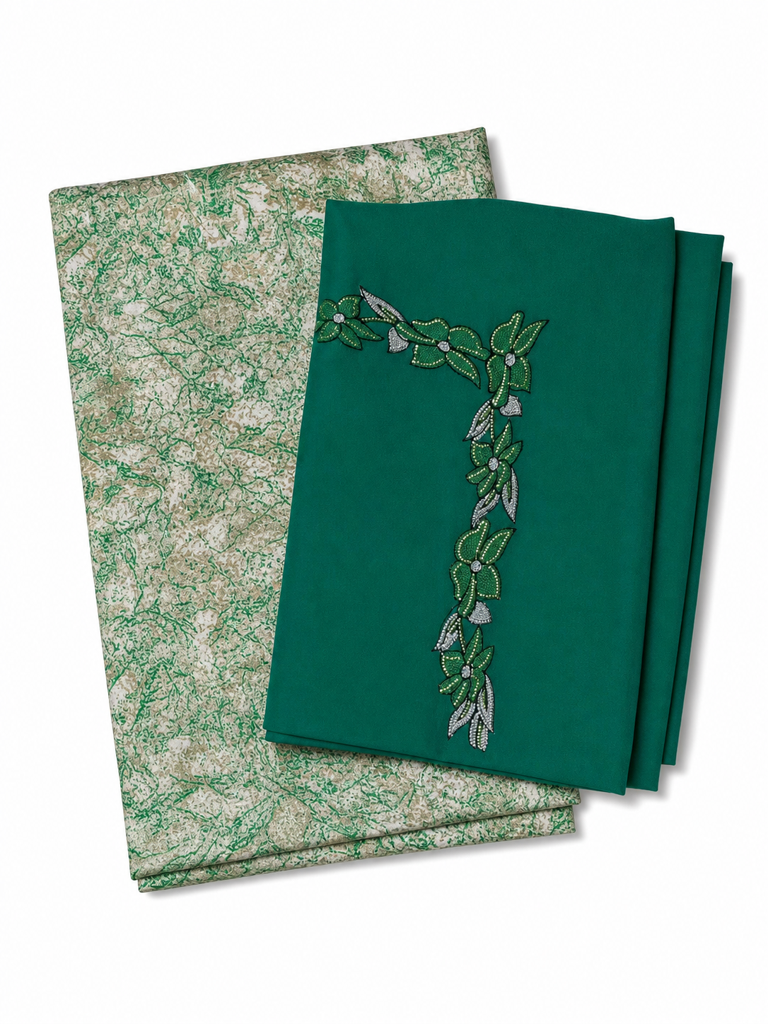 Set Tessuto Makhawir Dubai Verde Smeraldo con Ricamo - immagine prodotto su sfondo bianco