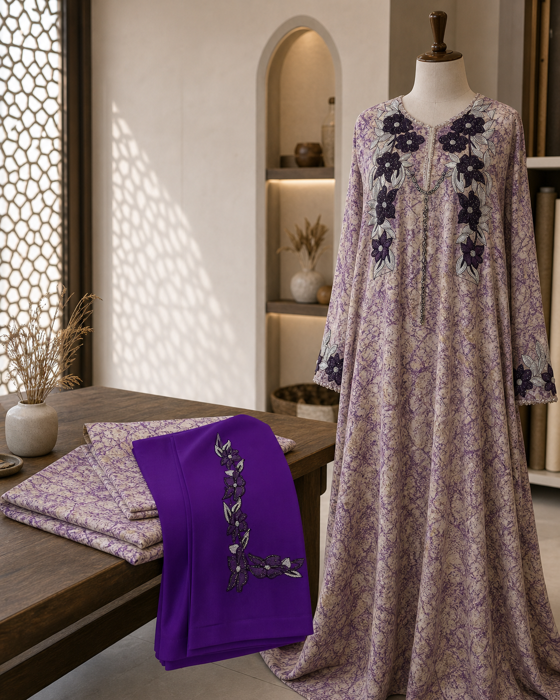 Set Tessuto Makhawir Dubai Viola e Argento con Ricamo - esempio di utilizzo in sartoria