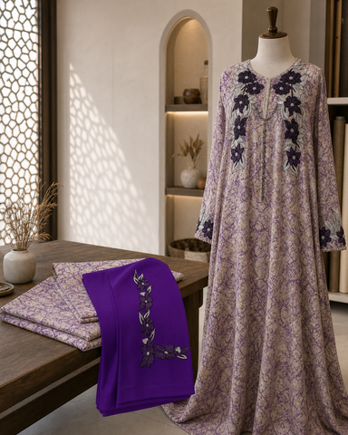 Set Tessuto Makhawir Dubai Viola e Argento con Ricamo - esempio di utilizzo in sartoria
