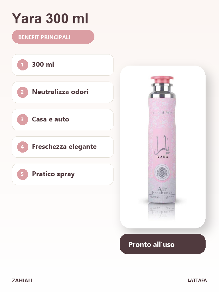 Yara Lattafa 300 ml neutralizza odori casa auto freschezza elegante pratico spray
