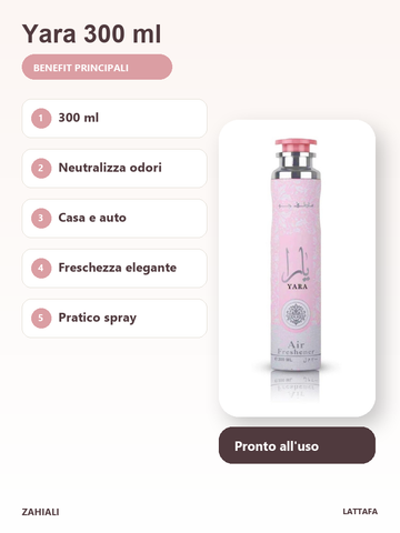 Yara Lattafa 300 ml neutralizza odori casa auto freschezza elegante pratico spray