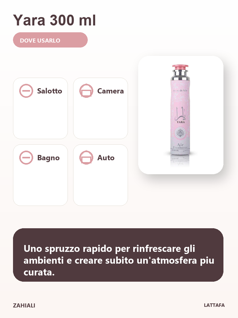 Yara Lattafa deodorante ambienti per salotto camera bagno e auto