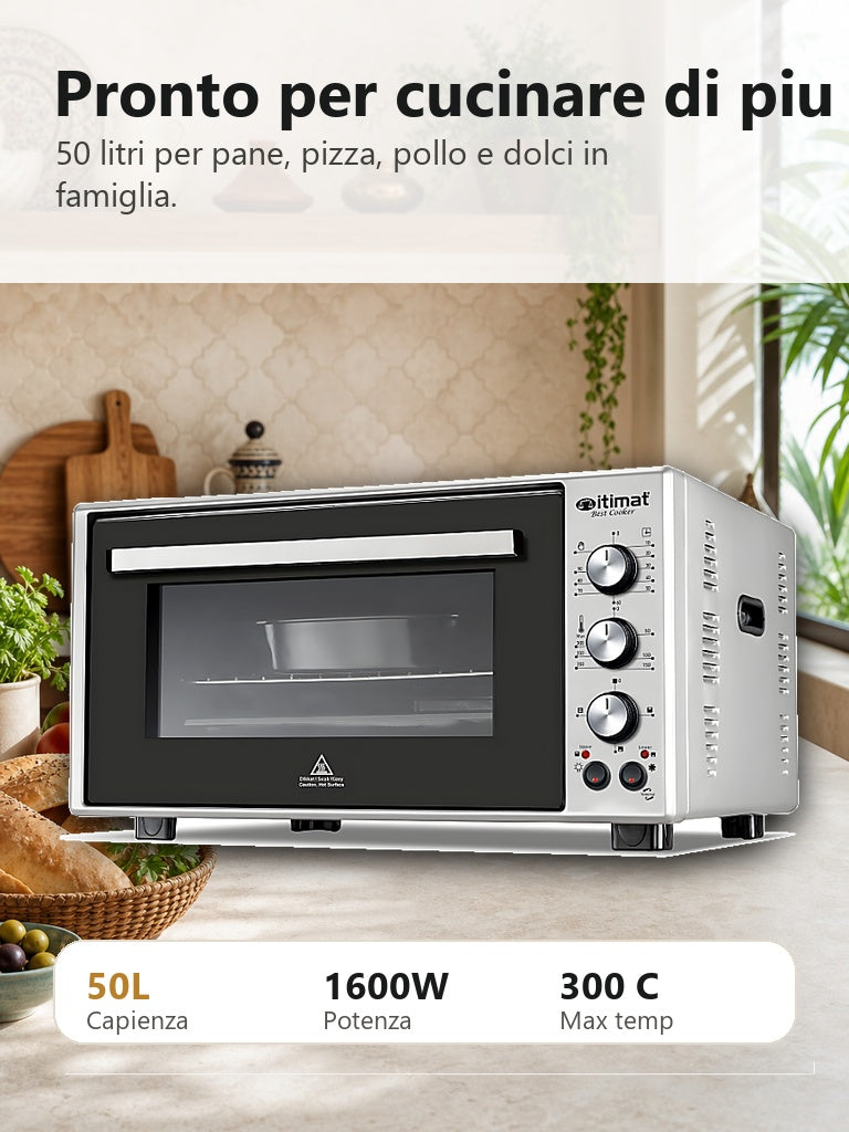 Forno Itimat 50L in cucina con pane pizza pollo e dolci