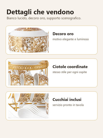 Dettagli del servizio Harira con decoro oro ciotole coordinate e cucchiai inclusi