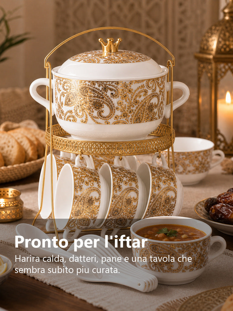 Servizio Harira bianco e oro in uso su tavola iftar con zuppa pane e datteri