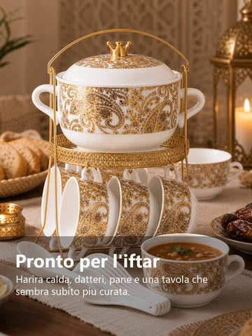 Servizio Harira bianco e oro in uso su tavola iftar con zuppa pane e datteri