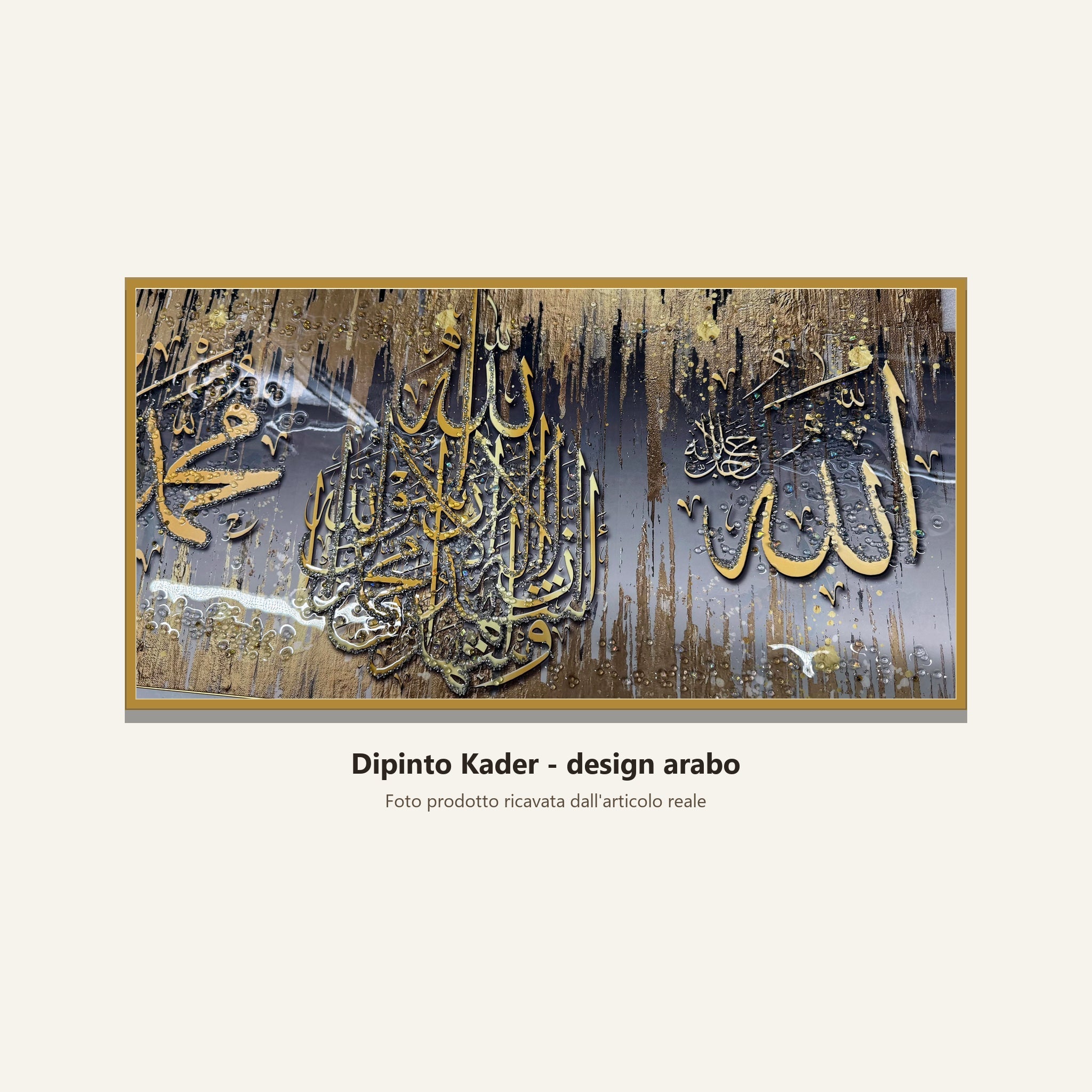 Dipinto Kader design arabo originale con dettagli oro nero e grigio
