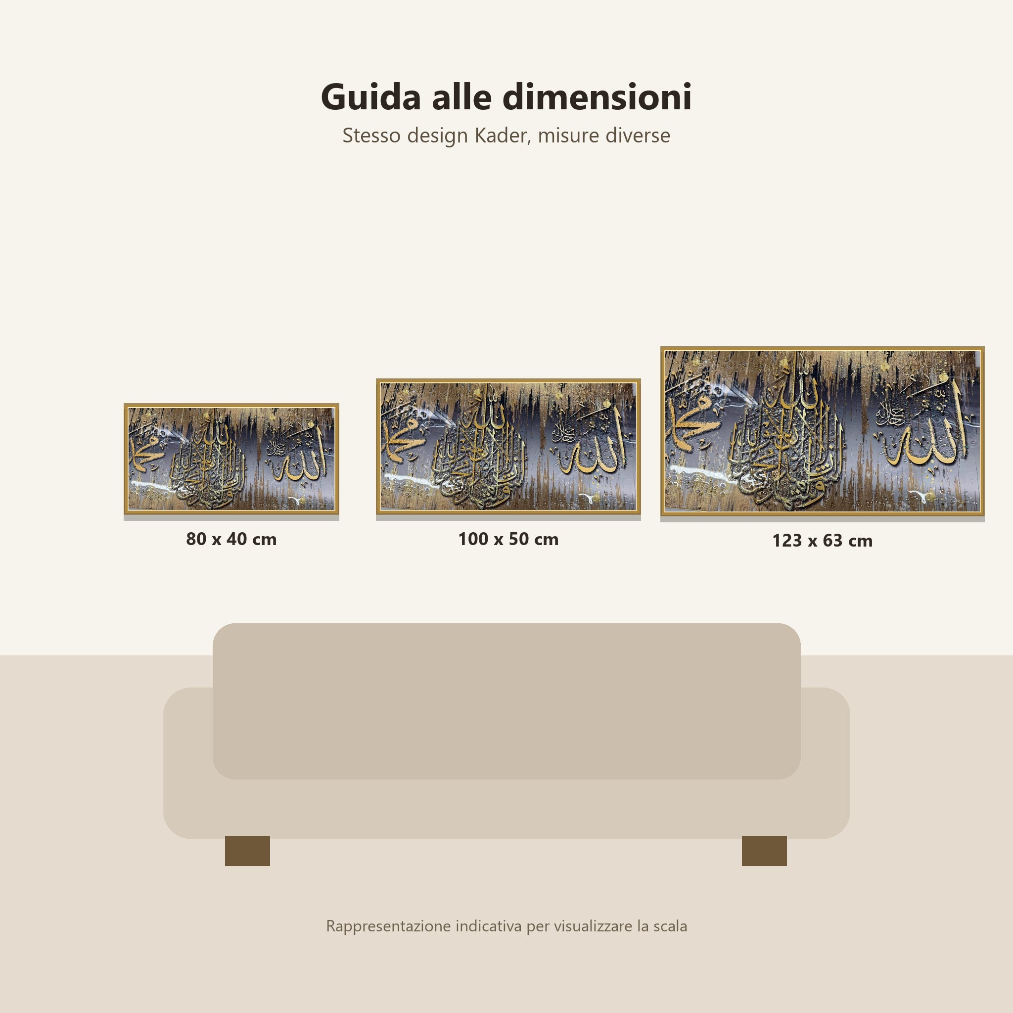 Guida dimensioni del dipinto Kader originale 80x40 100x50 e 123x63 centimetri