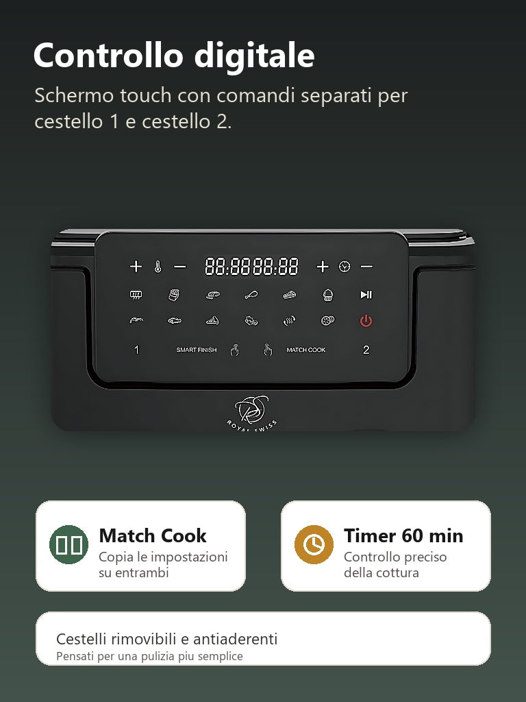 Pannello digitale Royal Swiss air fryer con Match Cook e timer 60 minuti