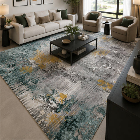 Tappeto Zahiali Smeraldo Oro 200 x 300 cm ambientato in salotto