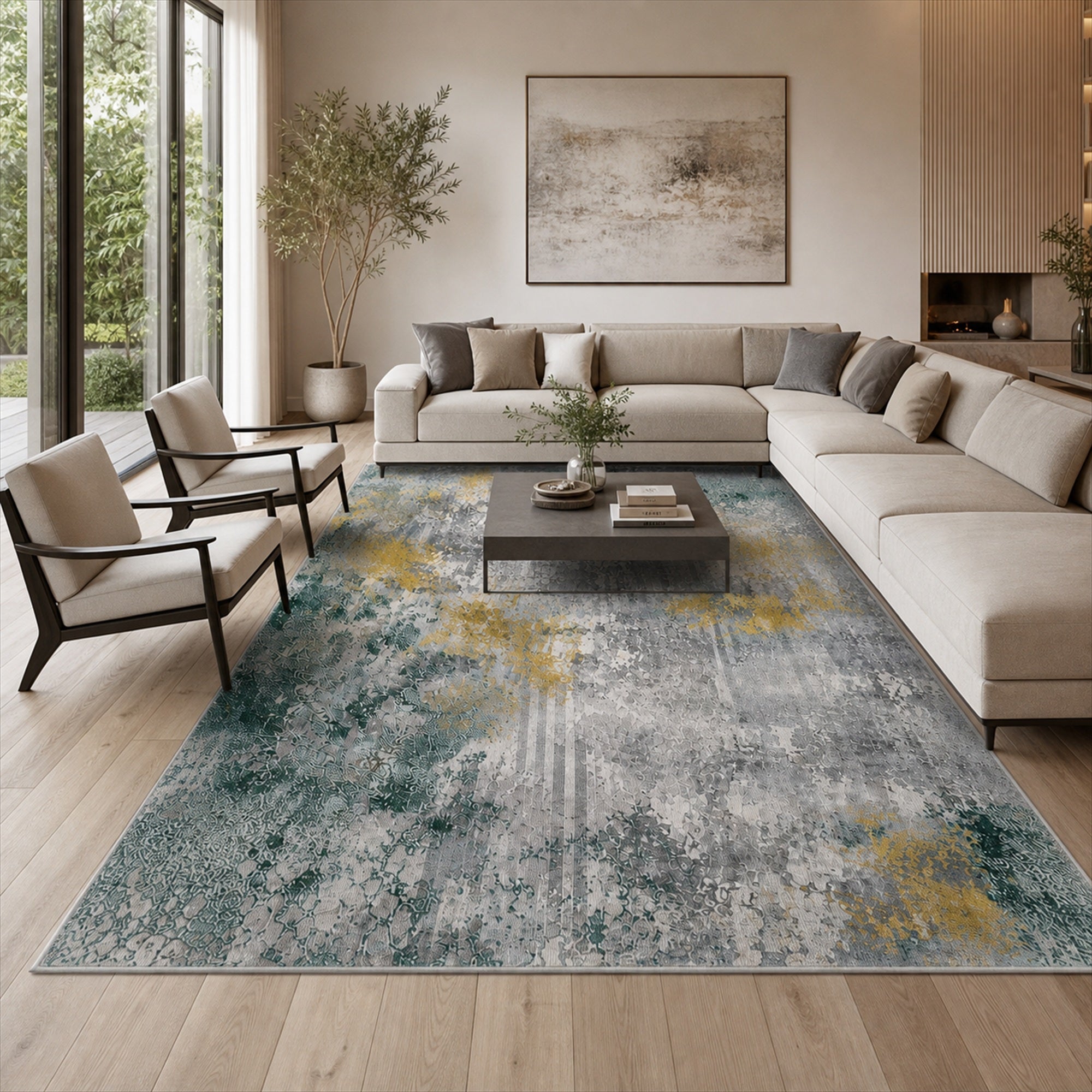 Tappeto Zahiali Smeraldo Oro 300 x 400 cm ambientato in salotto
