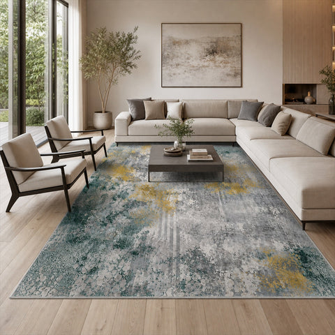 Tappeto Zahiali Smeraldo Oro 300 x 400 cm ambientato in salotto