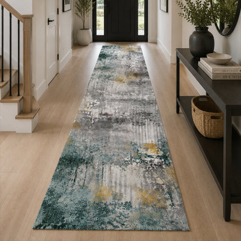 Tappeto Zahiali Smeraldo Oro 80 x 400 cm ambientato in corridoio
